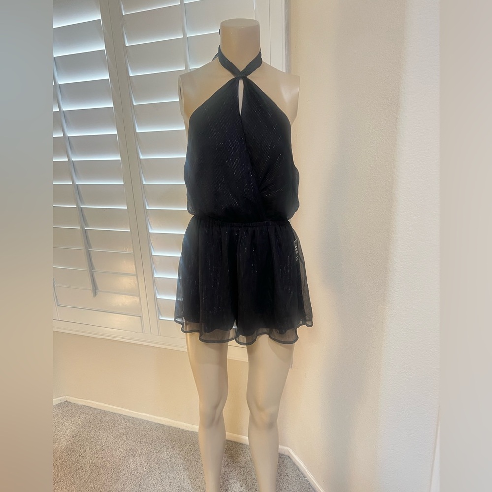 Express Black Silver Metallic Halter Tie Back open Back Romper Party going out S